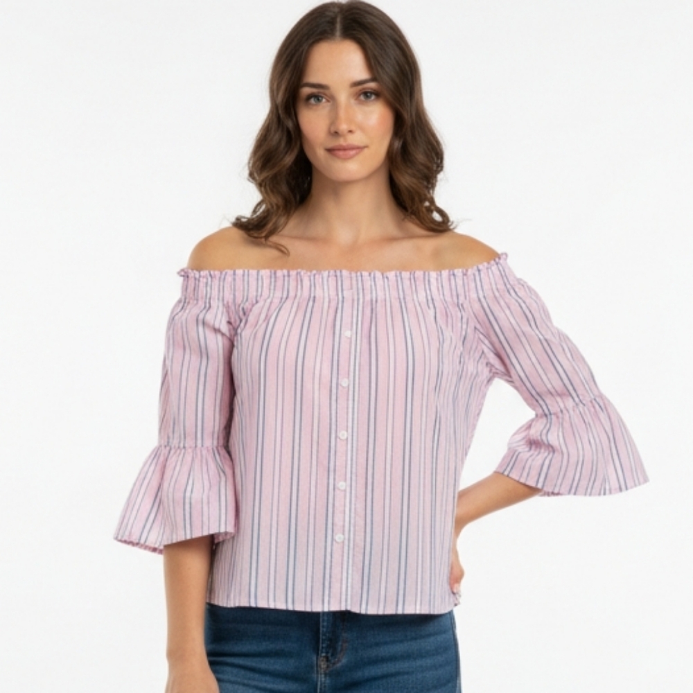 Abercrombie & Fitch Pink Striped Faux Button Front Off-Shoulder Blouse Top XS